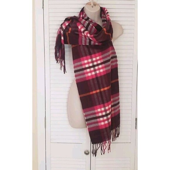 NEW V.FRAAS CASHMINK UNISEX PLAID BURGUNDY PINK SCARF MADE IN GERMANY 72 X 13.5 - Picture 3 of 5